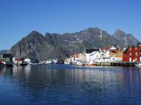 Henningsvær Hafenbecken mit Festvågtinden; Kvanndalstinden und Vågakallen - Lofoten